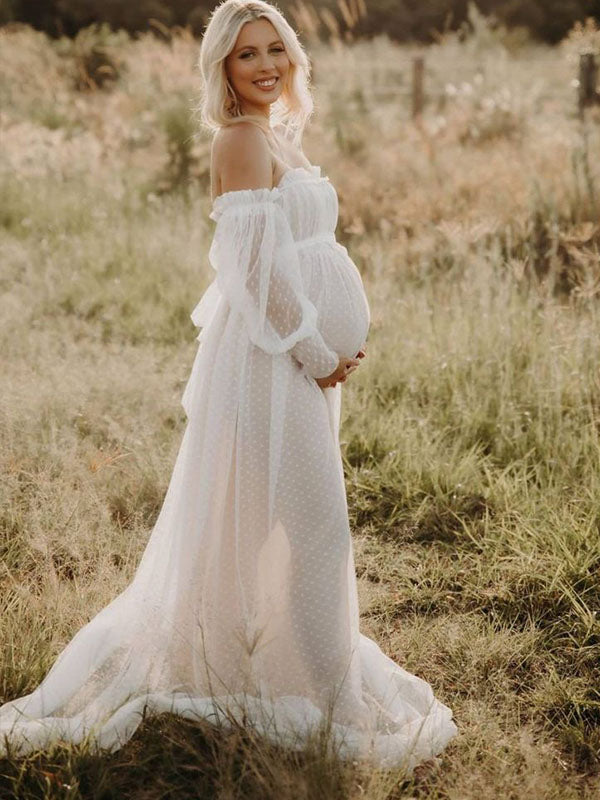 Chicnmom Vestidos Invitada Boda Embarazada Largo Tul Con Volantes Y Hombros Descubiertos Para Premamá Sesión De Fotos Y Novia