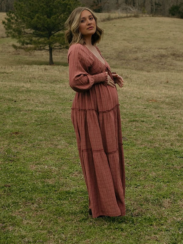 Chicnmom Mama Vestidos maxi de Premamá con Pecho Fruncido Volantes Fotografía Escote de Pico