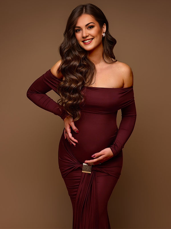 Chicnmom Vestido Largo de Premama Ajustado Fiesta para Invitadas con Drapeado y Hombros Descubiertos para Embarazo Oficina