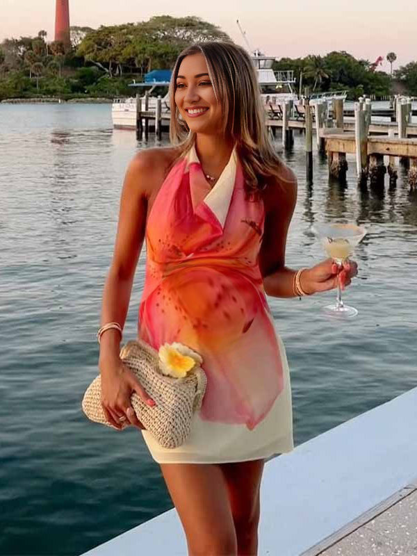 Chicnmom Vestido mini premamá Estampado Espalda Descubierta Plisado Rosa