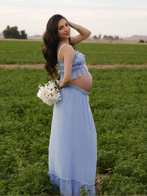 Chicnmom vestidos premamá vacaciones playa conjunto de dos piezas volantes lazo tul vestidos de foto de maternidad