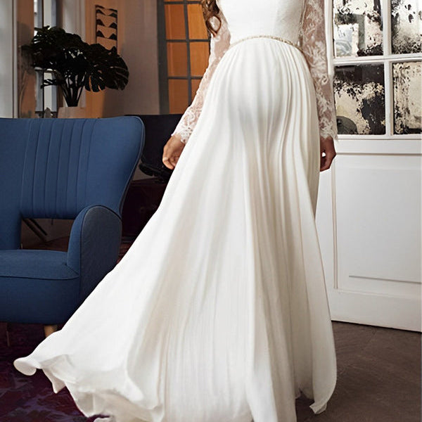 Chicnmom Blanco Vestidos Embarazada Invitada Boda De Premama Cordón Manga Larga Elegante Vestidos De Novia