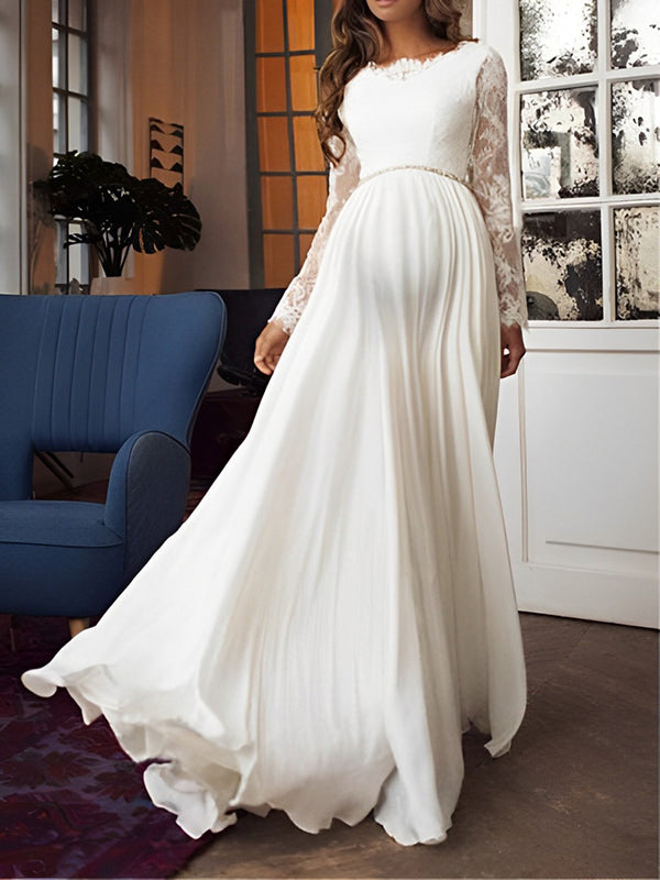 Chicnmom Blanco Vestidos Embarazada Invitada Boda De Premama Cordón Manga Larga Elegante Vestidos De Novia