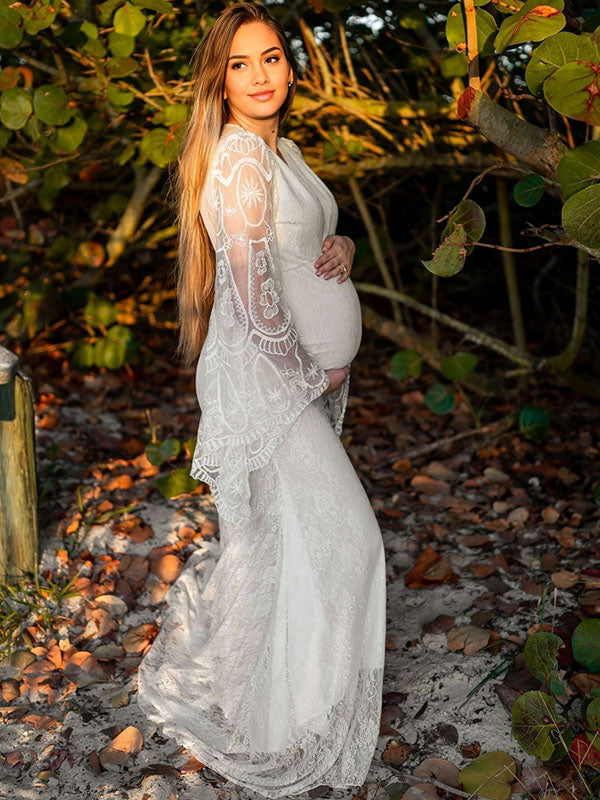 Chicnmom Vestidos Embarazada Sesion Fotos De Encaje Y Ajustado Con Escote Pico Y Manga Acampanad