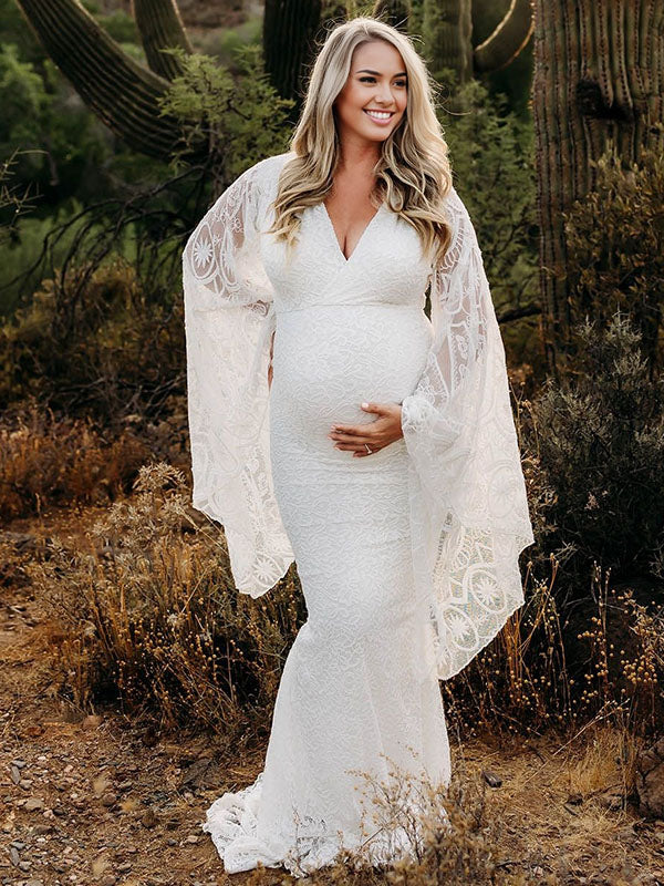 Chicnmom Vestidos Embarazada Sesion Fotos De Encaje Y Ajustado Con Escote Pico Y Manga Acampanad