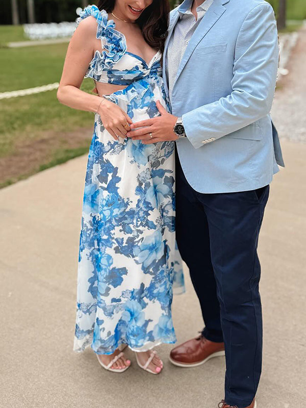 Chicnmom vestidos premamá estampado espalda descubierta volantes falda amplia vestido de flores