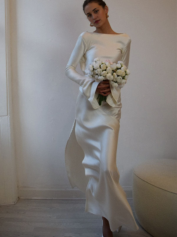 Chicnmom Vestido Premama Novia y Boda Embarazada Largos Blanco de Satén con Espalda al Descubierto y Abertura para Embarazo Fiesta