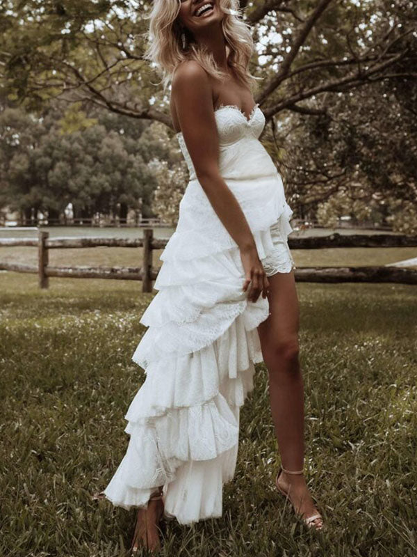 Chicnmom Vestidos para Boda para Embarazadas Novia de Encaje con Volantes y Tirantes