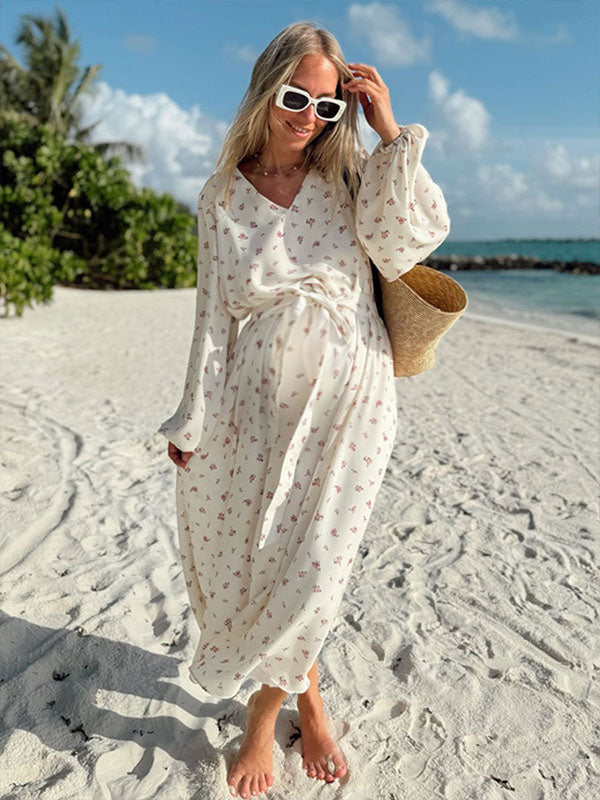Chicnmom Vestidos de Premama Largo Estampados con Cinturón y Escote de Pico para Embarazo Vacaciones