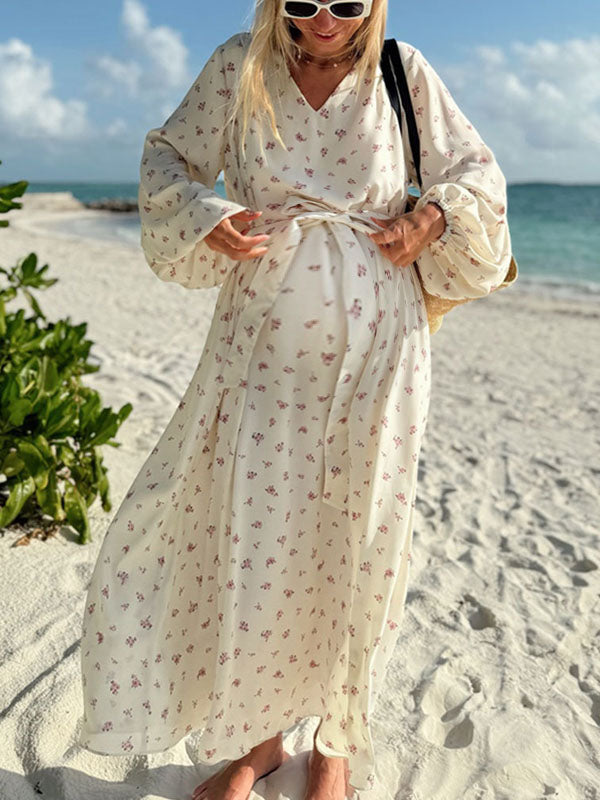 Chicnmom Vestidos de Premama Largo Estampados con Cinturón y Escote de Pico para Embarazo Vacaciones