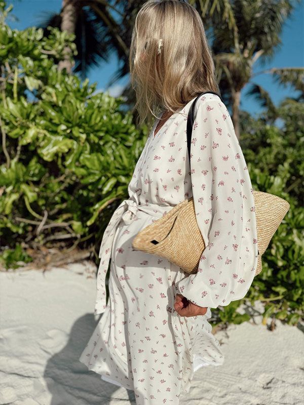 Chicnmom Vestidos de Premama Largo Estampados con Cinturón y Escote de Pico para Embarazo Vacaciones