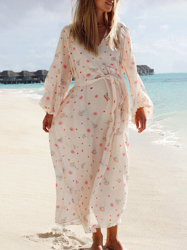 Chicnmom Vestidos de Premama Largo Estampados con Cinturón y Escote de Pico para Embarazo Vacaciones