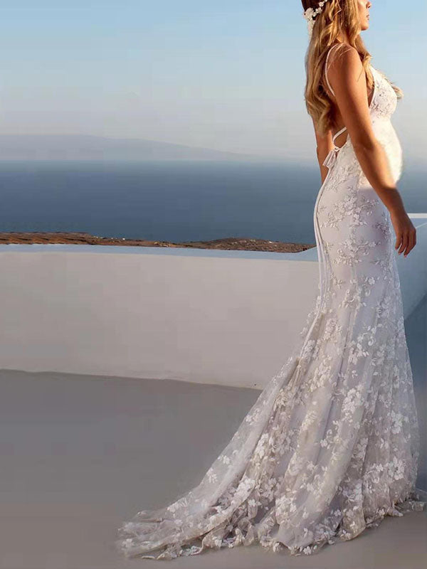 Chicnmom Vestidos Encaje Ajustado Sirena para Boda y Novia para Embarazadas con Tirantes y Espalda Descubierta