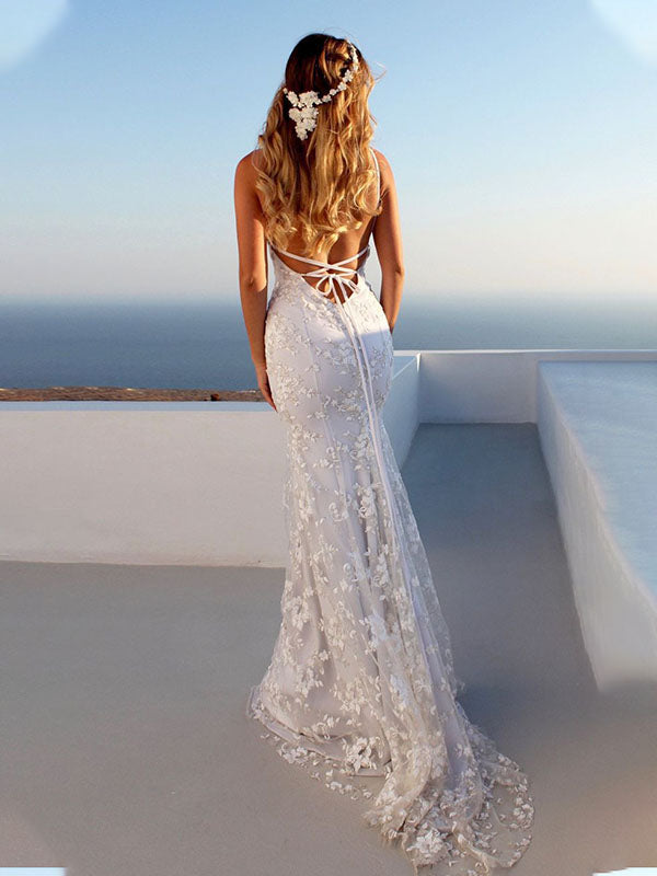 Chicnmom Vestidos Encaje Ajustado Sirena para Boda y Novia para Embarazadas con Tirantes y Espalda Descubierta