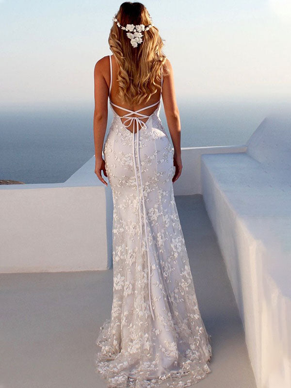 Chicnmom Vestidos Encaje Ajustado Sirena para Boda y Novia para Embarazadas con Tirantes y Espalda Descubierta