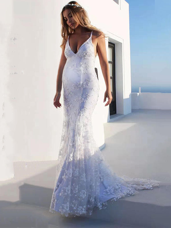 Chicnmom Vestidos Encaje Ajustado Sirena para Boda y Novia para Embarazadas con Tirantes y Espalda Descubierta