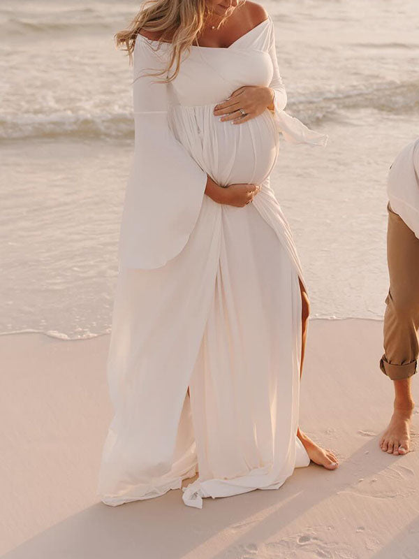 Chicnmom Vestido Embarazada Sesion Fotos con Hombros Descubiertos y Abertura para Premamá Playa