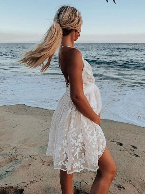 Chicnmom Corto Vestido Boda Embarazada Invitada de Encaje Tirantes con Bordadas y Espalda Descubierta para Playa
