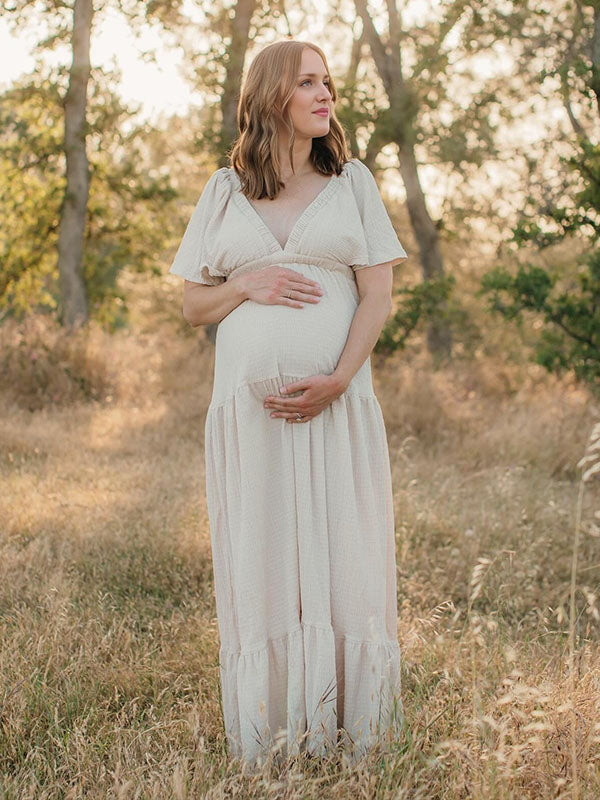 Chicnmom Vestidos Maxi de Premamá con Volantes y Espalda al Descubierto para Embarazadas Fotos Boho