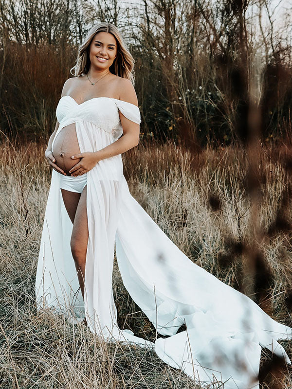 Chicnmom Vestidos Maxi para Fotos de Embarazadas Boho con Pliegues y Transparente