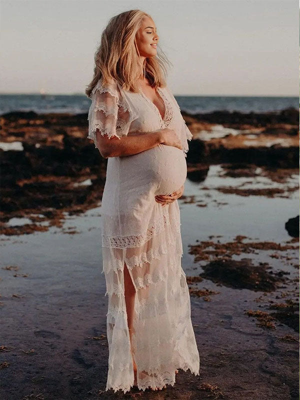 Chicnmom Vestido para Fotos de Embarazadas Bohemio de Encaje con Borla y Espalda Descubierta para Vacaciones