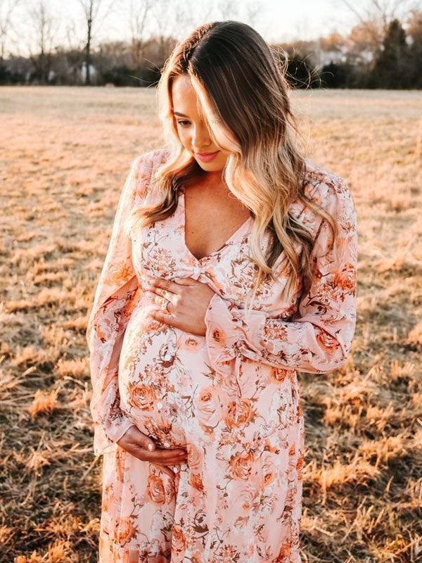 Chicnmom Vestido para Fotos de Embarazadas Estampado en Floreado Boho con Volantes y Botoncito para Vacaciones