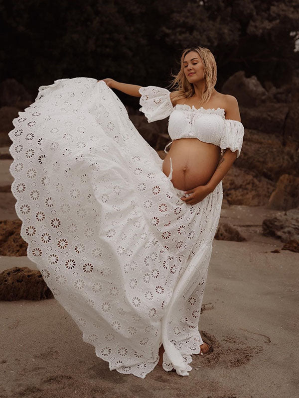 Chicnmom Vestido Maxi para Fotos de Embarazadas Bohemio Encaje con Conjunto de dos piezas para Playa