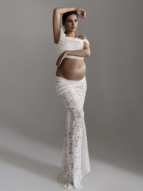 Chicnmom Vestido Larga para Fotos de Embarazadas Encaje con Espalda al Descubierto
