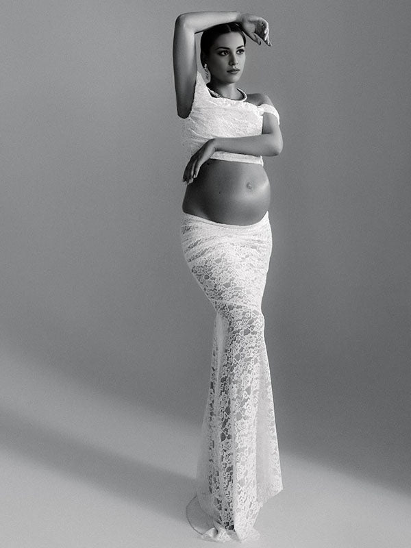 Chicnmom Vestido Larga para Fotos de Embarazadas Encaje con Espalda al Descubierto