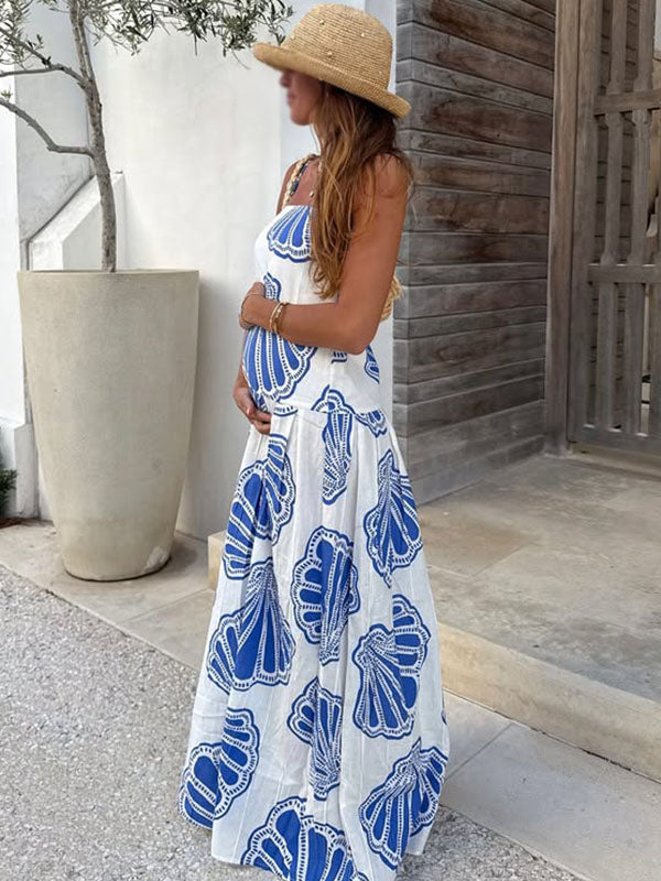 Chicnmom Vestido Larga para Vacaciones de Embarazadas con Estampado y Tirantes
