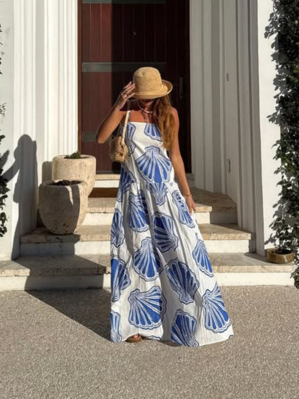 Chicnmom Vestido Larga para Vacaciones de Embarazadas con Estampado y Tirantes