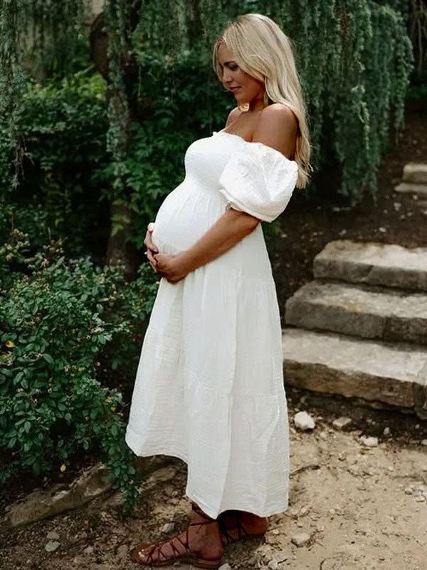 Chicnmom Vestido Larga para Fotos Premama Boho con Pecho Fruncidos