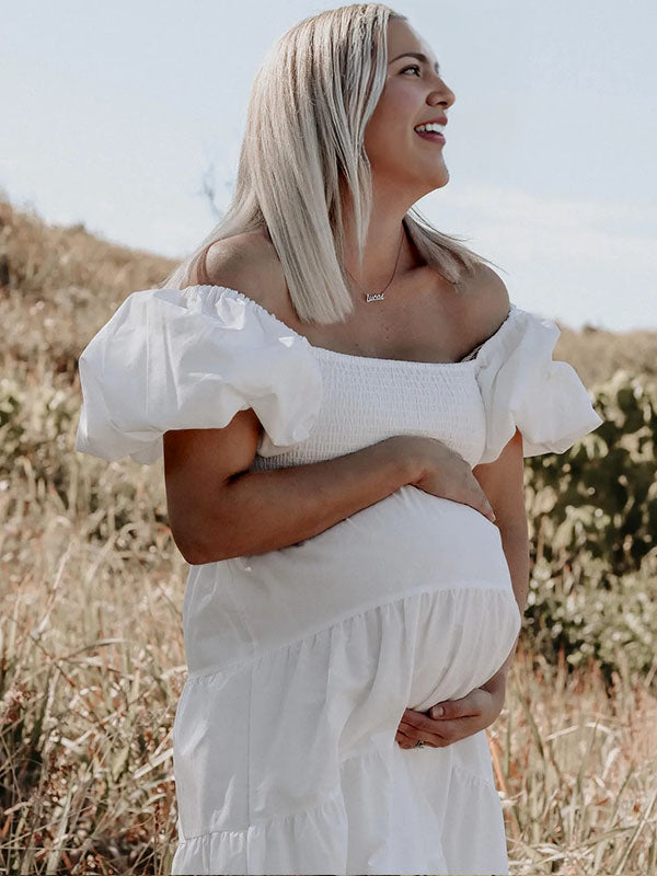 Chicnmom Vestido Larga para Fotos Premama Boho con Pecho Fruncidos