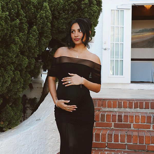 Chicnmom Ajustado Tul con Cuello Bardot vestidos para embarazadas