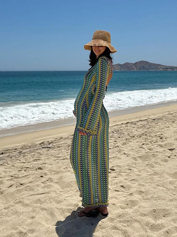 Chicnmom Colores contrastantes Volantes Espalda Descubierta Playa Vacaciones vestidos manga larga elegantes