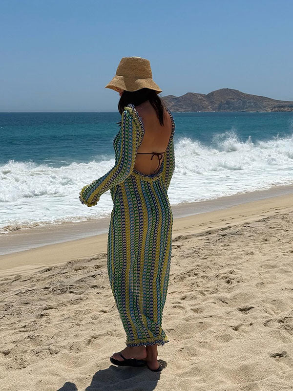 Chicnmom Colores contrastantes Volantes Espalda Descubierta Playa Vacaciones vestidos manga larga elegantes