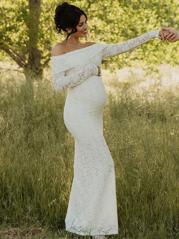 Chicnmom con Cuello Bardot Encaje Novia Elegante Fotografía vestidos para embarazadas