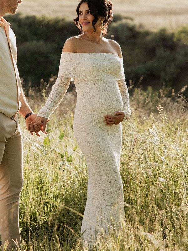 Chicnmom con Cuello Bardot Encaje Novia Elegante Fotografía vestidos para embarazadas