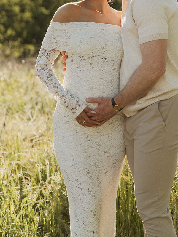 Chicnmom con Cuello Bardot Encaje Novia Elegante Fotografía vestidos para embarazadas