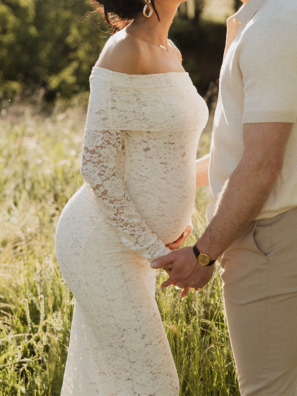 Chicnmom con Cuello Bardot Encaje Novia Elegante Fotografía vestidos para embarazadas
