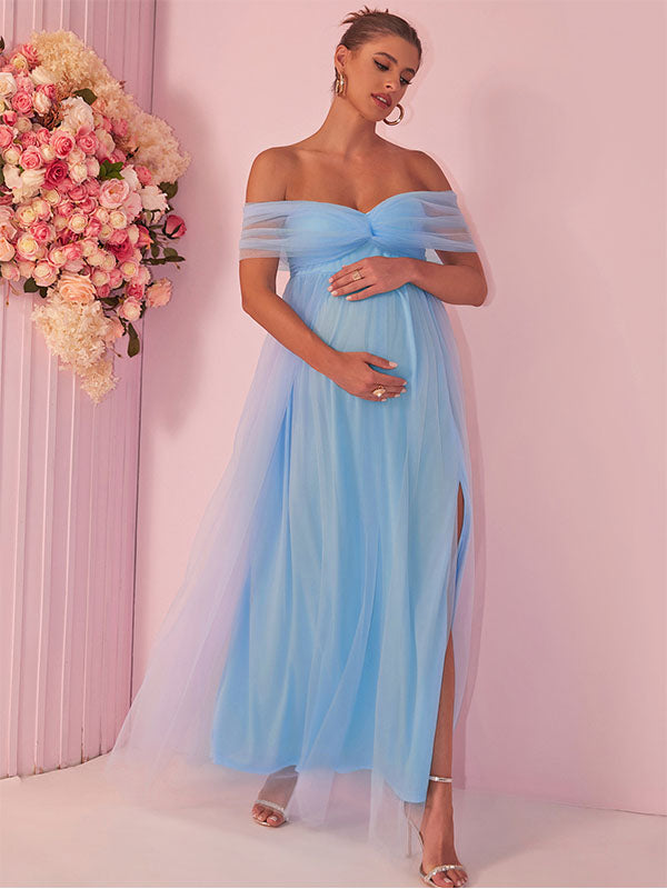 Chicnmom con Cuello Bardot Tul Abertura vestidos para embarazadas