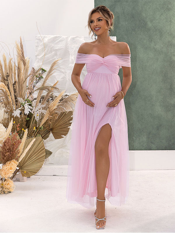 Chicnmom con Cuello Bardot Tul Abertura vestidos para embarazadas