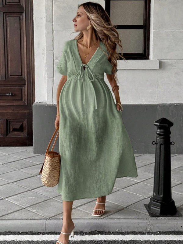 Chicnmom Vestidos largo Premamá Cinturón Fluidez Trapecio Verde