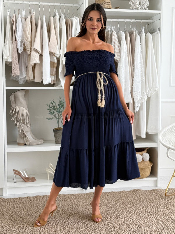 Chicnmom Vestidos largo Premamá Cinturón Hombros descubiertos Azul Marino