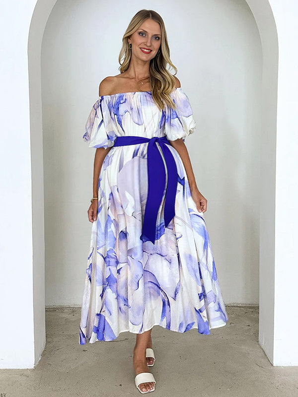 Chicnmom Vestidos largo Premamá tie-dye Cinturón Hombros descubiertos Azul