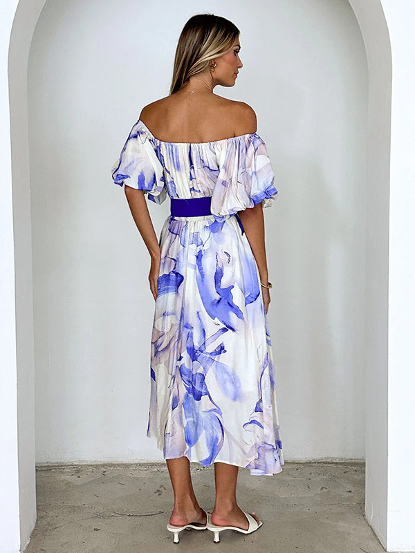 Chicnmom Vestidos largo Premamá tie-dye Cinturón Hombros descubiertos Azul