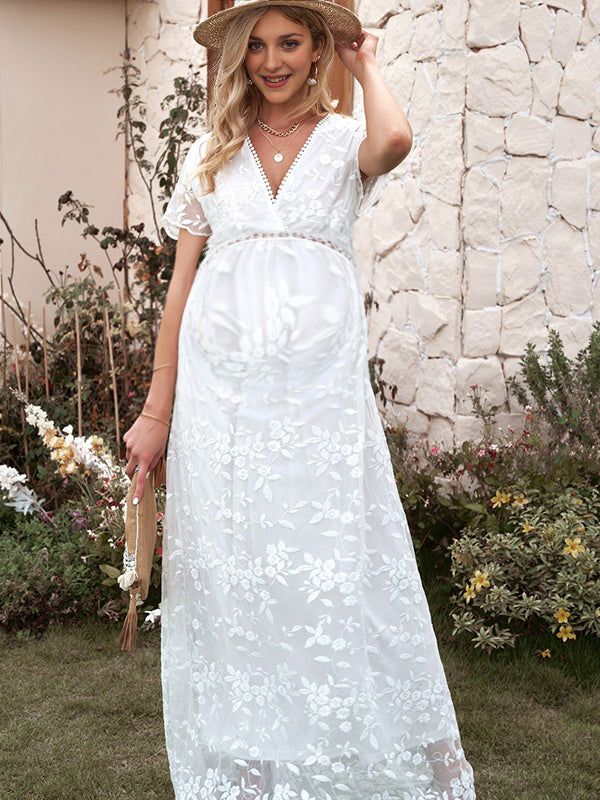 Chicnmom Vestido largo premamá Encaje Calado Blanco