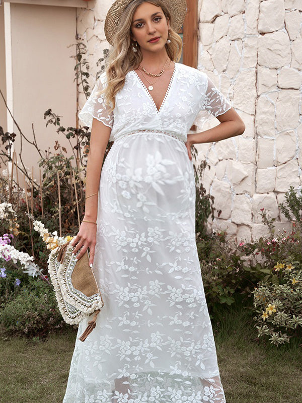 Chicnmom Vestido largo premamá Encaje Calado Blanco