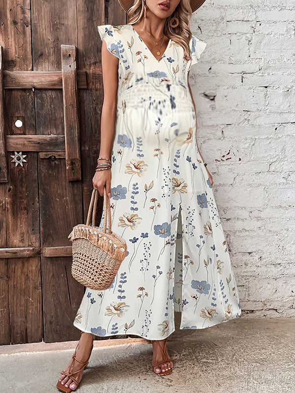 Chicnmom Vestido largo premamá Floreado Abertura Volantes Blanco