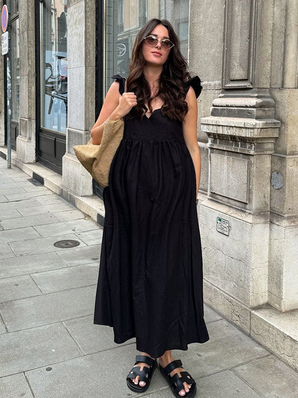 Chicnmom Vestidos largo Premamá Volantes Drapeado Espalda Descubierta Negro